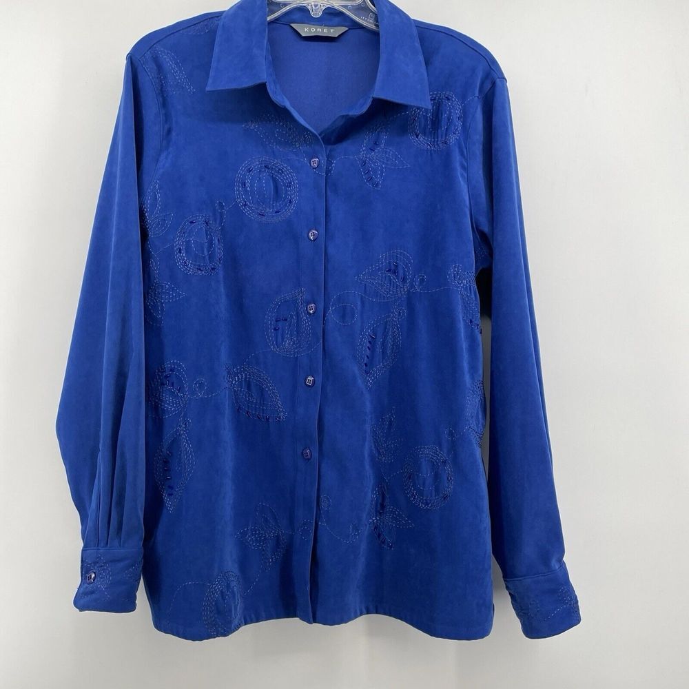 Vintage Koret Top Women's  XL‎ Blue Velvet Beads Artsy Embroidery Button Up